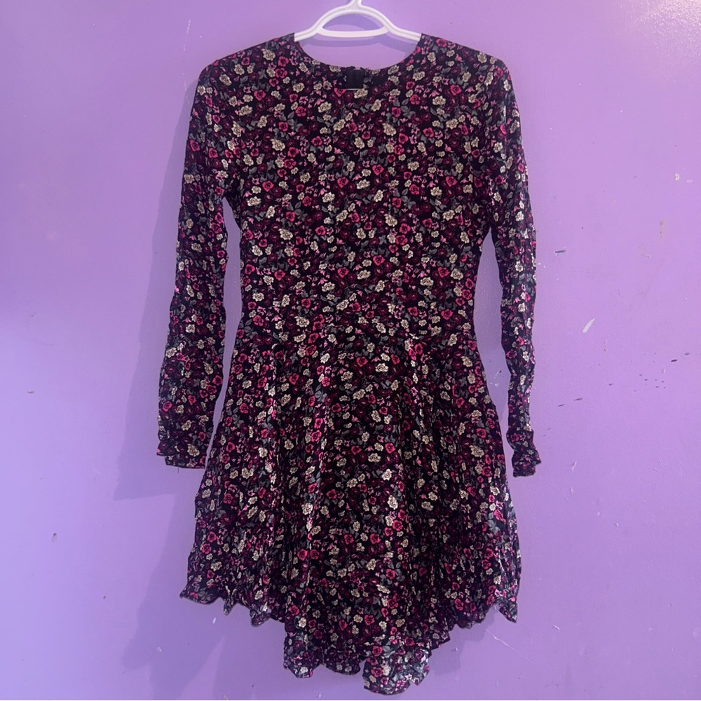 H&M Retro Floral Black Mixed Purples Fitted Long-Sleeve Ruffled Dress